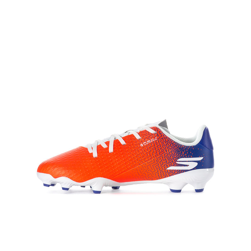 Youth soccer cleat, orange mesh upper with white laces and blue side panel, stud sole