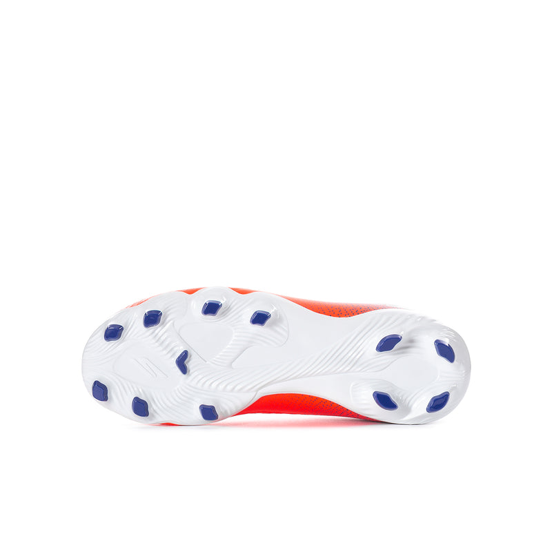 Youth soccer cleat outsole view: white base with blue studs and red midsole