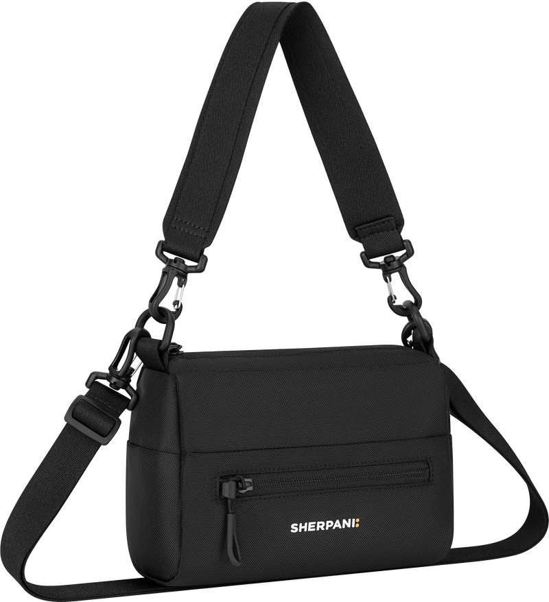 Quarter turn view Women's Sherpani Hand Bag style name Skye in color Raven. Sku: 26-SKYE001110