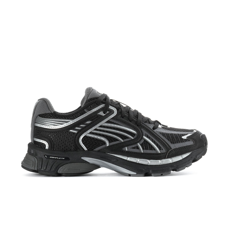 Women's running shoes in black with silver stripe detail and lace-up closure
