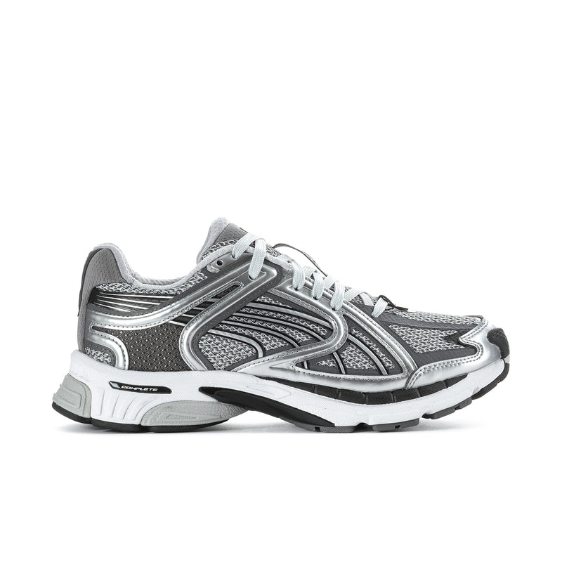 Women's PUMA running shoes, silver and dark gray with white midsoles