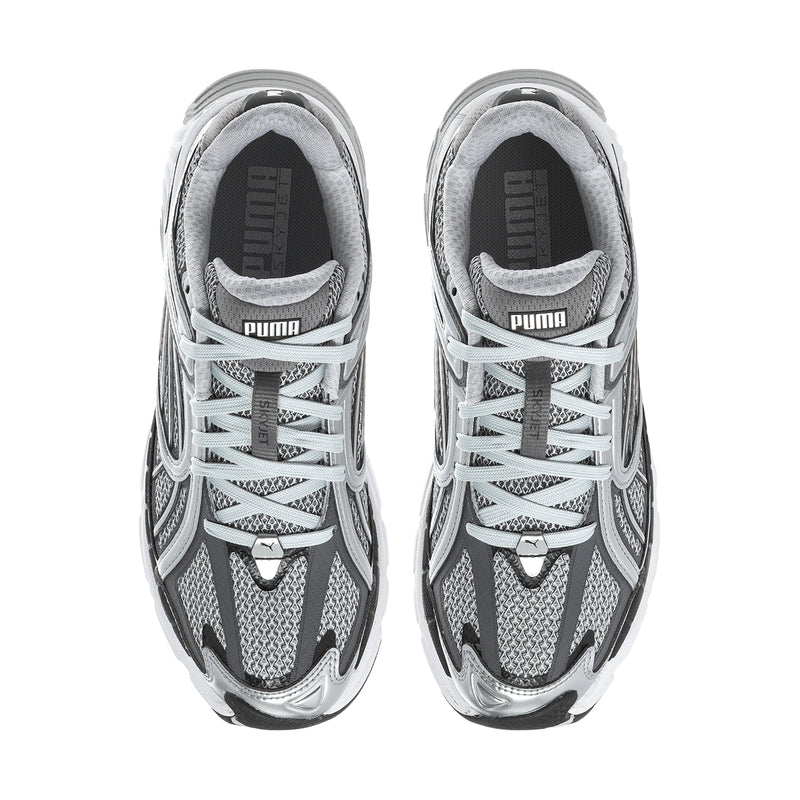 Women's PUMA running shoes, lace-up silver mesh with padded tongue