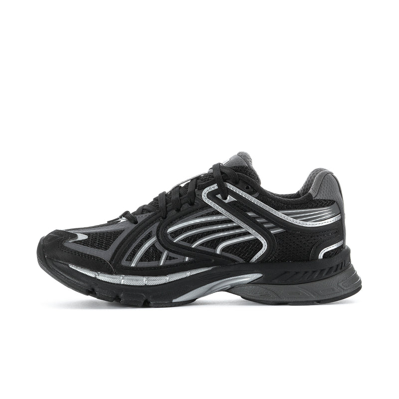 Women's black running shoes with silver side stripes and lace-up sporty design