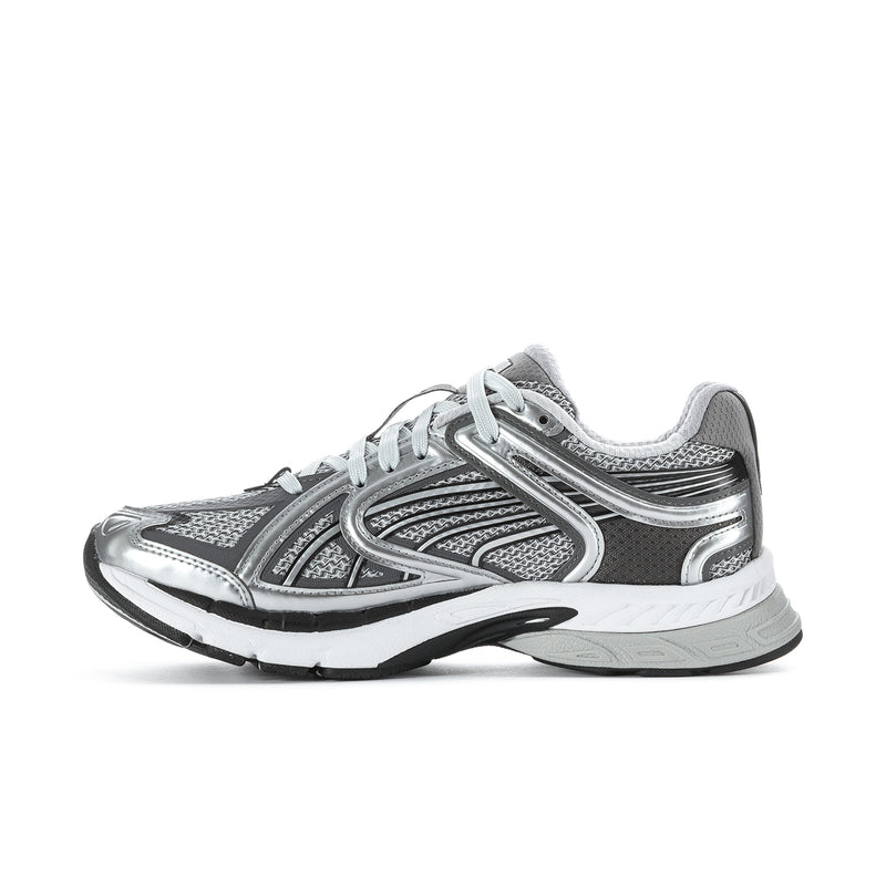 Women's PUMA running shoes, side profile in silver, black, and white