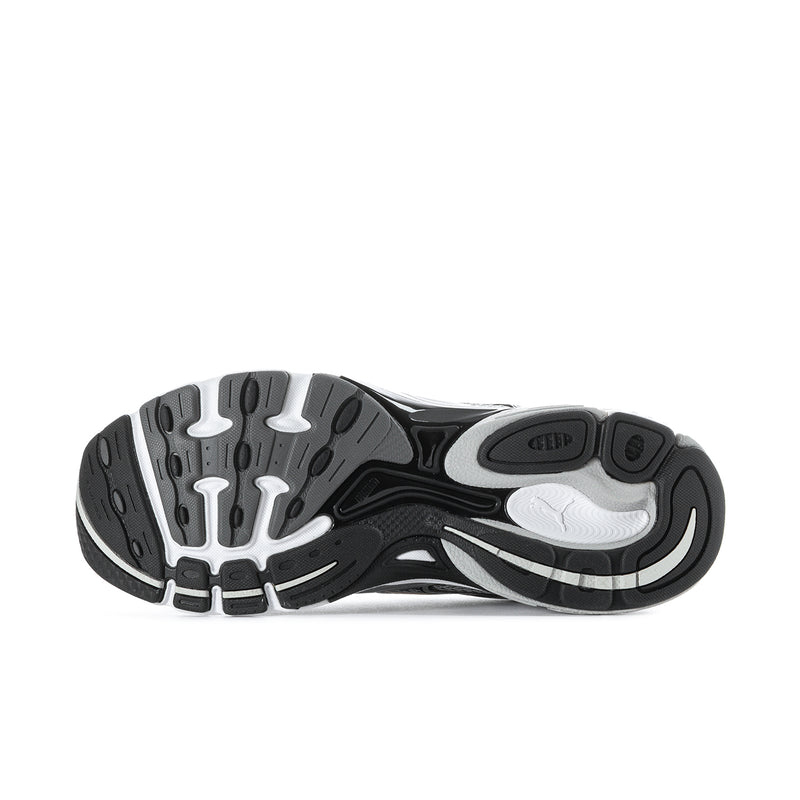 Women's PUMA running shoe outsole, black tread with gray traction panels