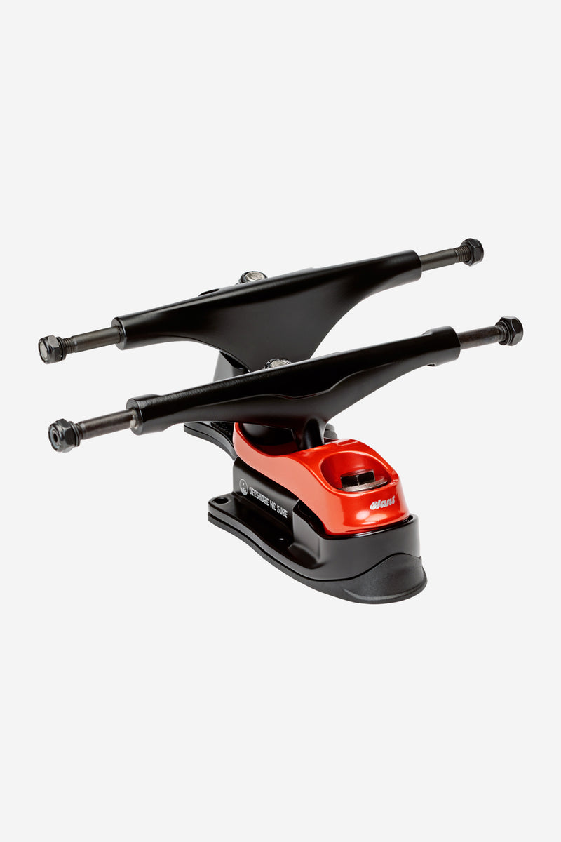 Slant Surf Skate Trucks 6.25 inches in black and red mounted on a board with a low profile magnesium design