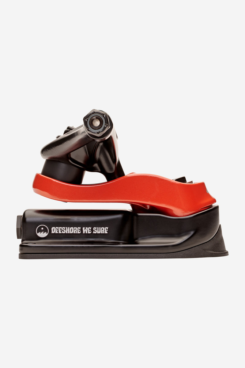 Top view of Slant Surf Skate Trucks 6.25 in black red showing hollow axles and mounting hardware