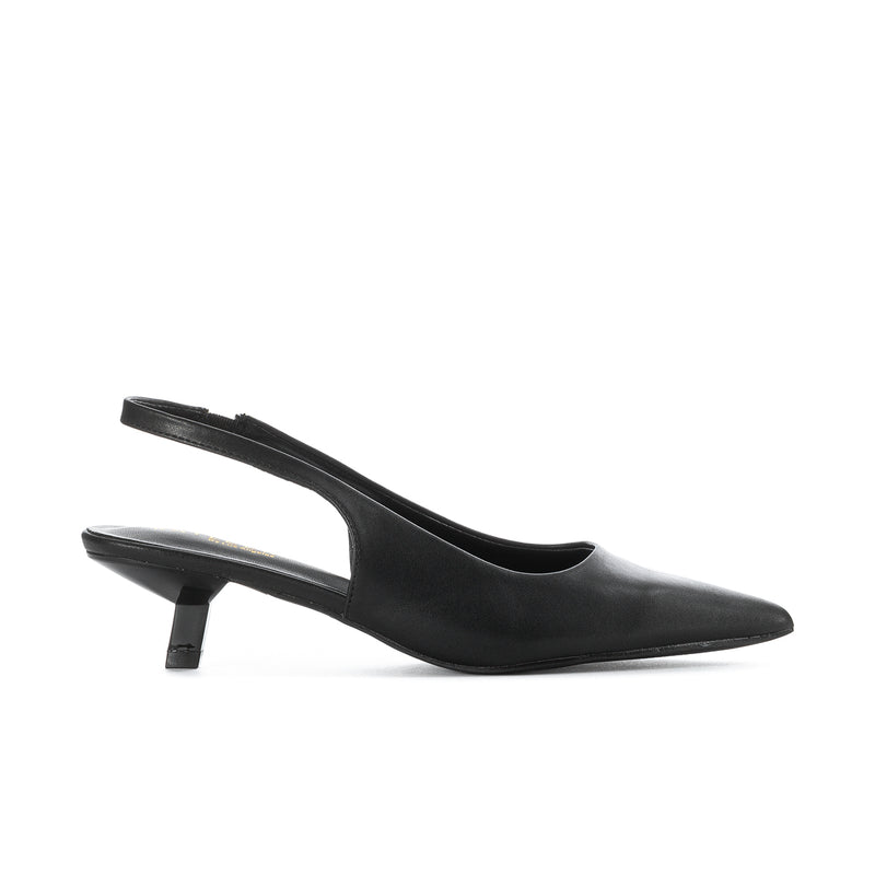 Women's black slingback pump with pointed toe and low block heel