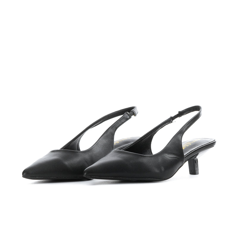 Women's black slingback pumps, side view with slim strap and low heel