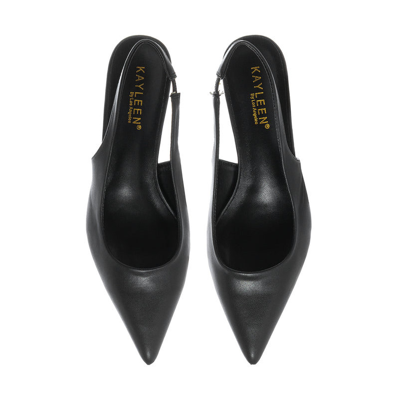 Women's black slingback pumps, front view with pointed toe and sling back