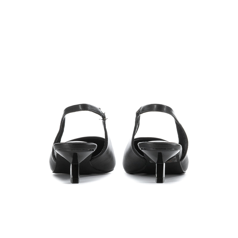Women's black slingback pumps, back view with sling strap and low heel
