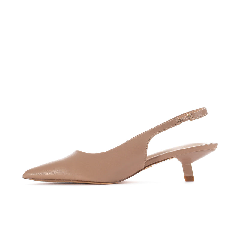 Nude slingback pump with pointed toe and mid-height block heel, side view