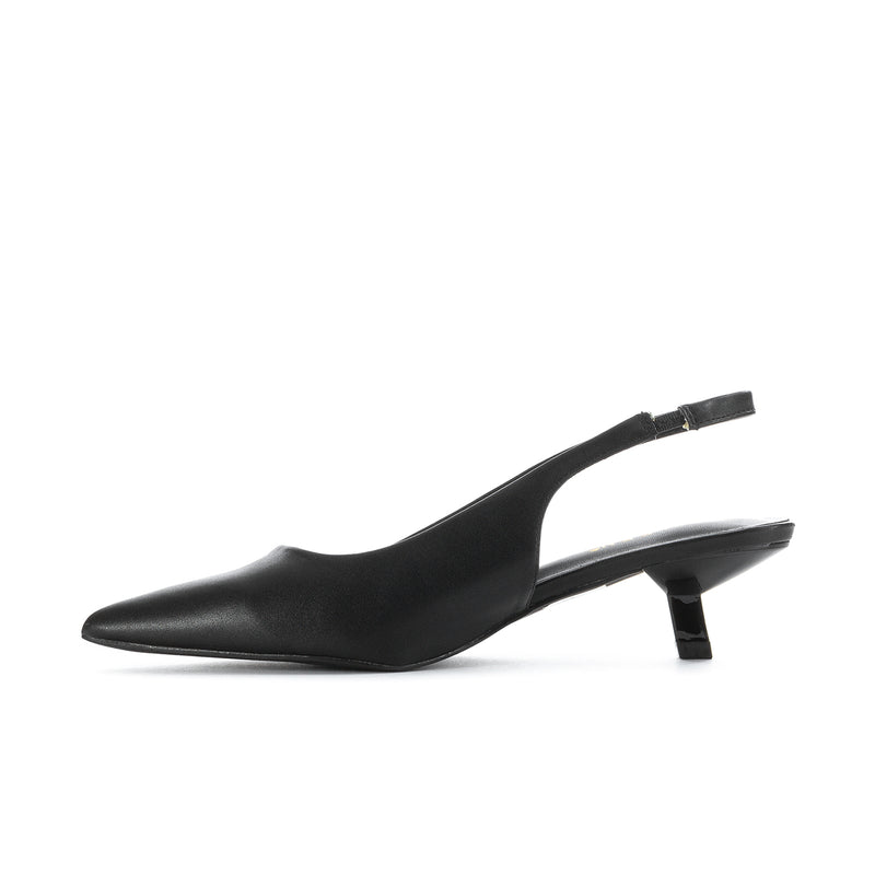 Women's black slingback pump, side profile with pointed toe and low block heel