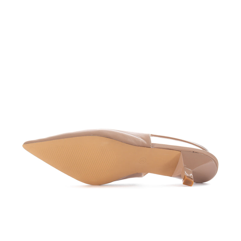 Nude slingback pump sole and heel detail, pointed toe and slender strap