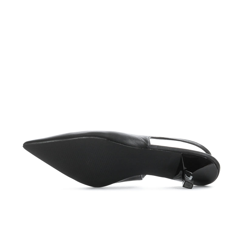 Women's black slingback pump, close side view of pointed toe and heel