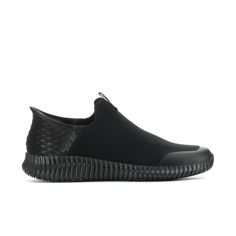 Black men's slip-on sneakers with knit upper and cushioned textured sole