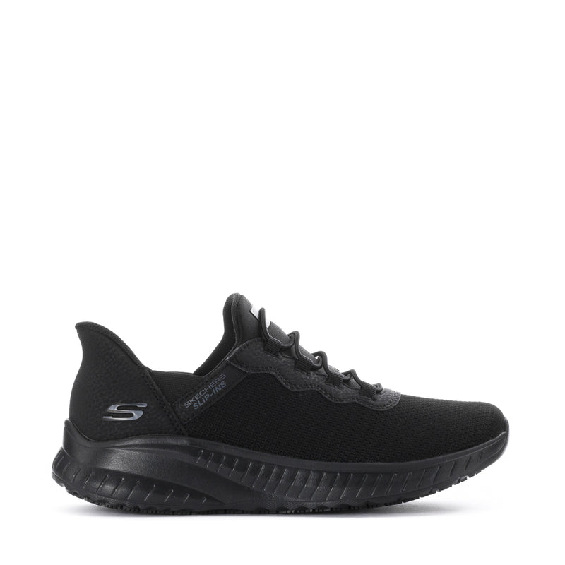 Black lace-up sneakers with knit upper and chunky textured rubber sole, side view