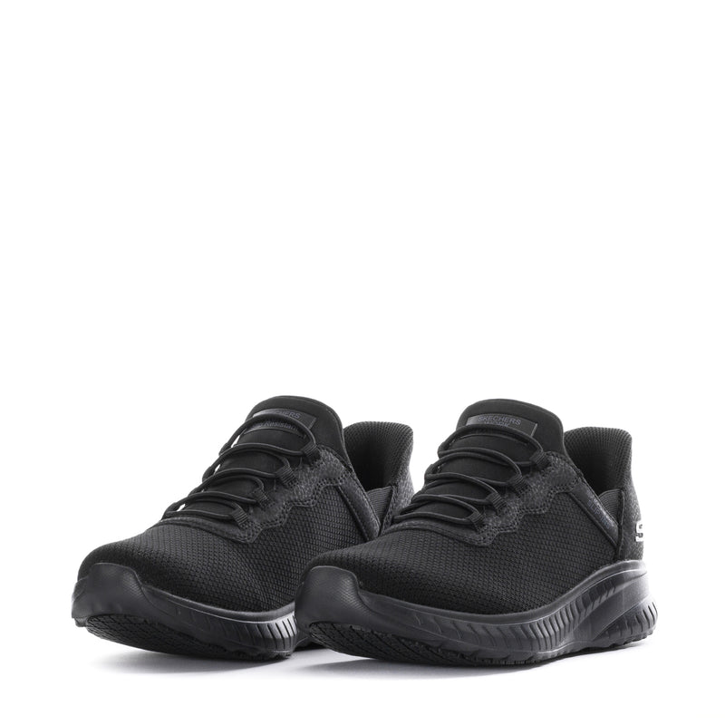 Black lace-up sneakers with mesh-knit upper and cushioned chunky sole, front view