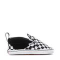 Infant slip-on sneaker in black and white checkerboard, Vans logo patch on side