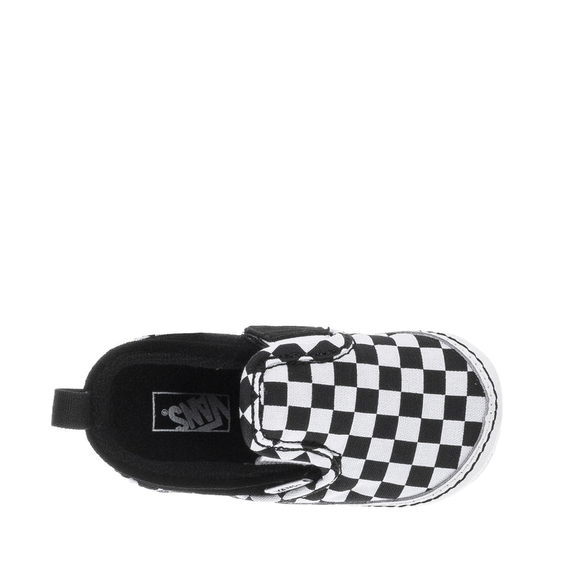 Infant slip-on sneaker with Vans tag and checkerboard fabric at toe