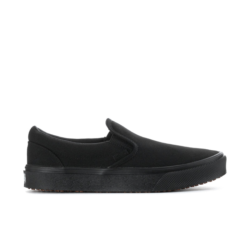 Men's black slip-on sneakers with low profile and textured rubber sole
