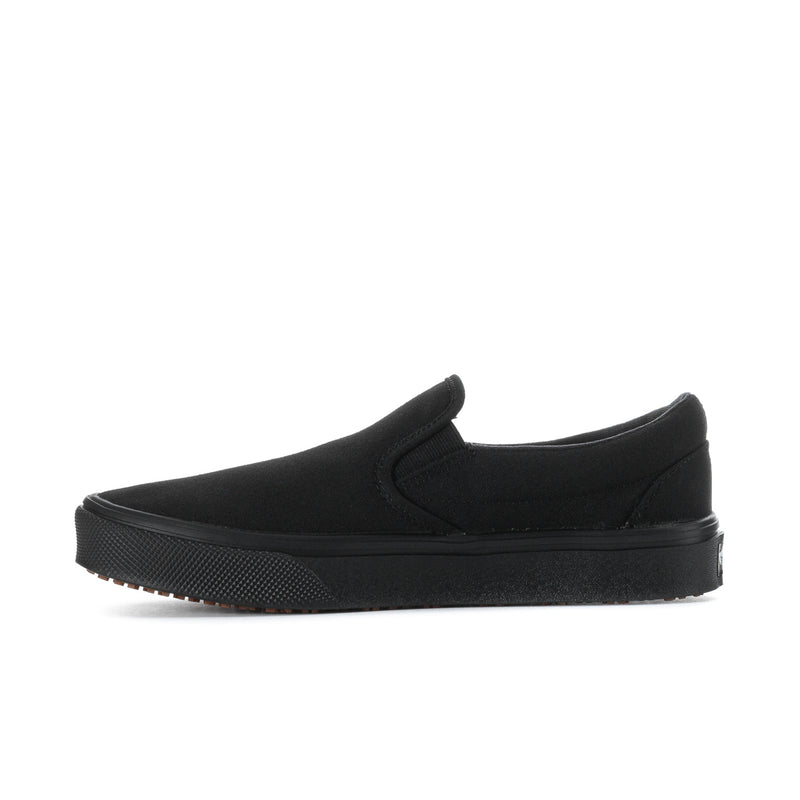 Black slip-on sneakers with stitched vamp and flexible rubber sole
