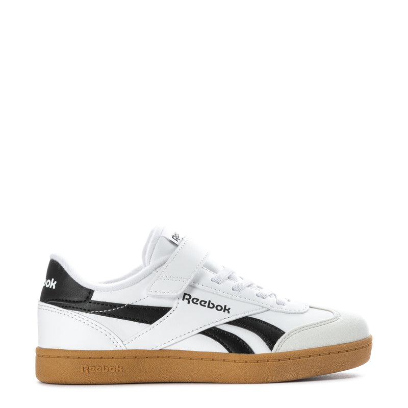 Kids white leather-look sneaker with black straps and gum sole