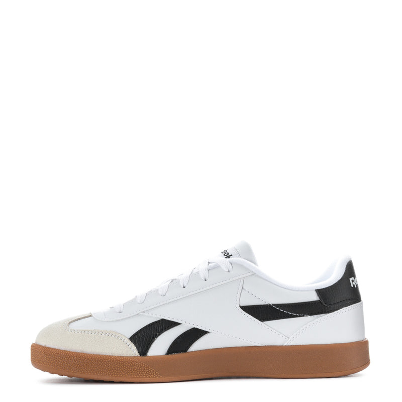 Mens white low-top sneakers with black side panel and gum outsole