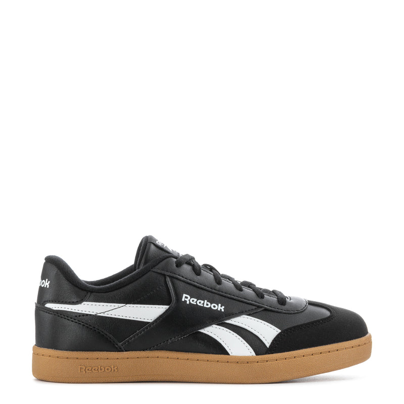 Youth sneakers, black with white stripes, gum sole, lace-up with Reebok logo