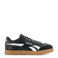 Youth sneakers, black with white stripes, gum sole, lace-up with Reebok logo