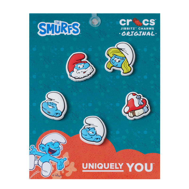 Smurfs 5-pack Jibbitz shoe charms featuring Smurf characters, colorful blister card