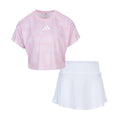 Kids soccer skort set with pink striped jersey top and white skort bottom