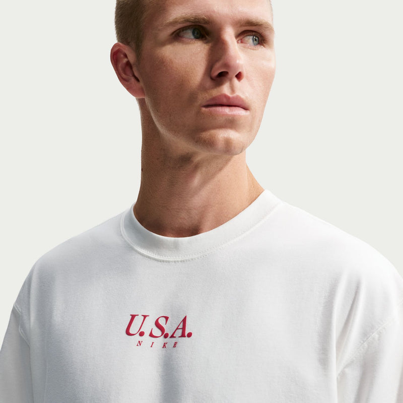 Men's sail soccer tee close-up of red U.S.A. logo on the chest