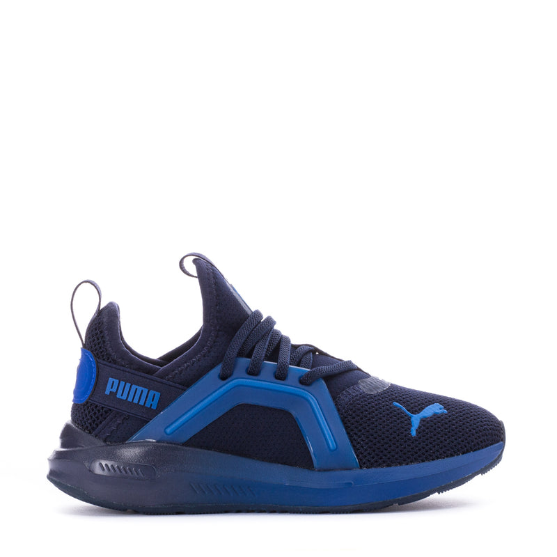 Kids' navy PUMA lace-up mesh sneakers with blue accents and chunky sole