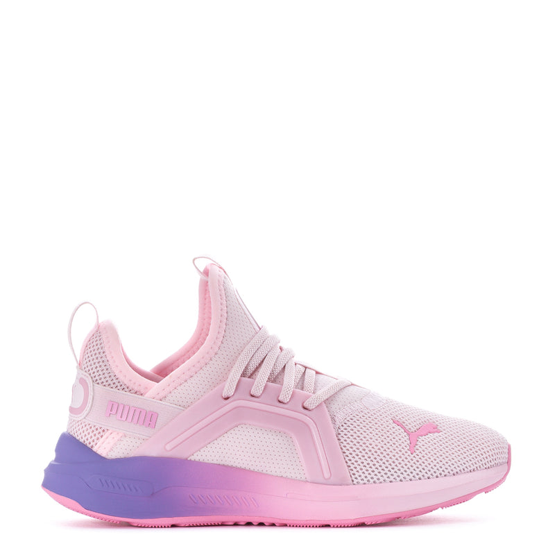 Kids pink mesh lace-up sneakers with purple midsole and cushioned EVA sole