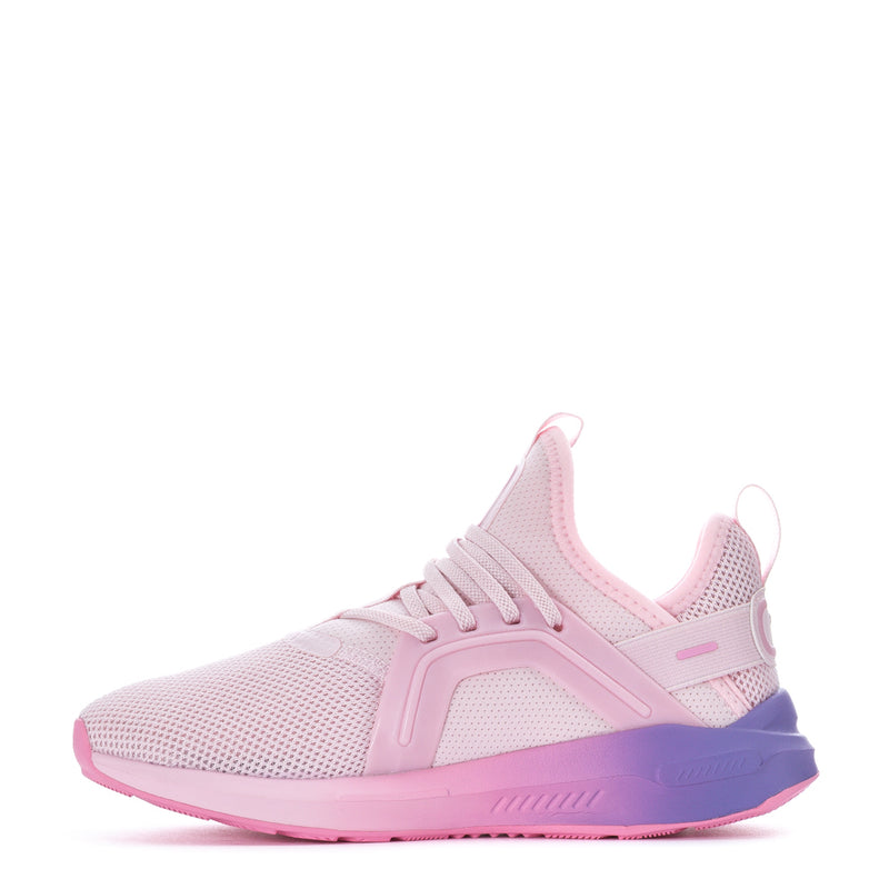 Kids pink and purple lace-up running sneakers, knit mesh upper and cushioned sole