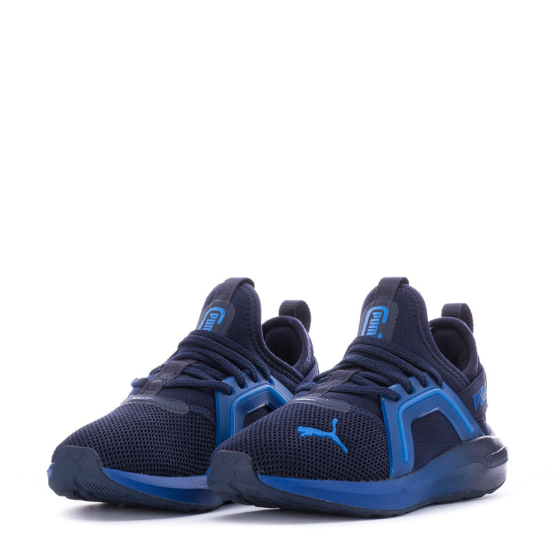 Kids' navy PUMA sneakers with blue heel support, lace-up mesh and sporty toe