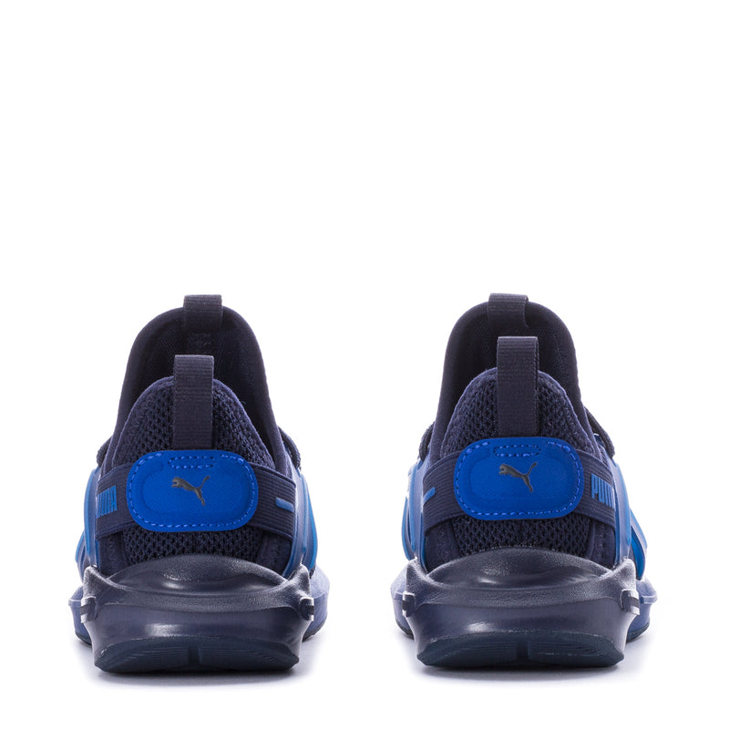 Kids' navy PUMA sneakers with blue heel tabs and lace-up back view