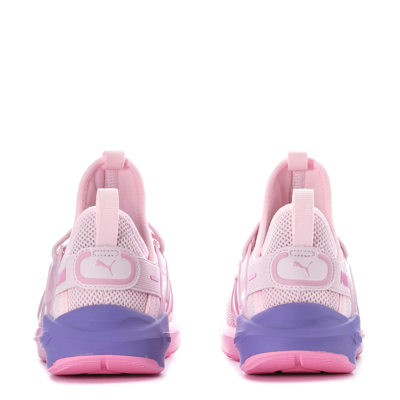 Kids pink knit sneakers with padded heel collar and rear pull tab