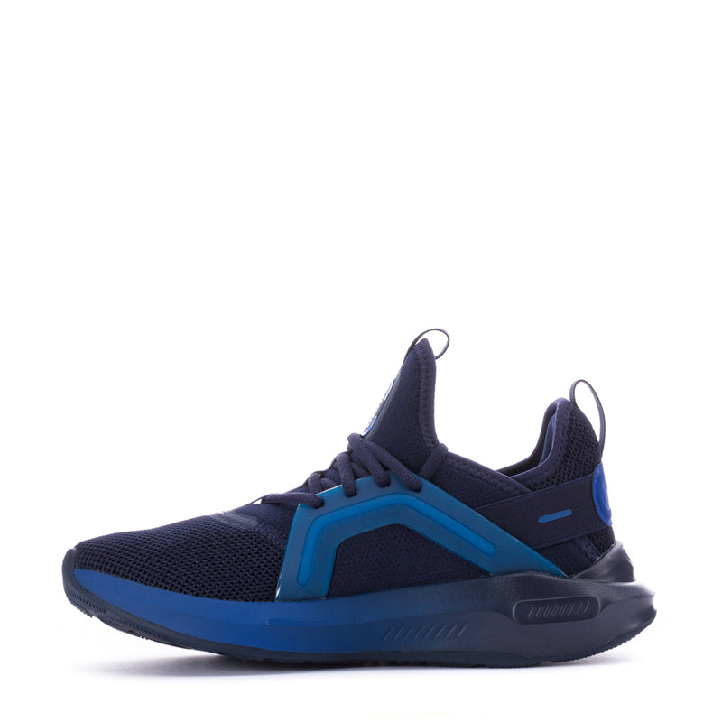 Youth sneakers, side view in navy with blue midfoot frame and lace-up