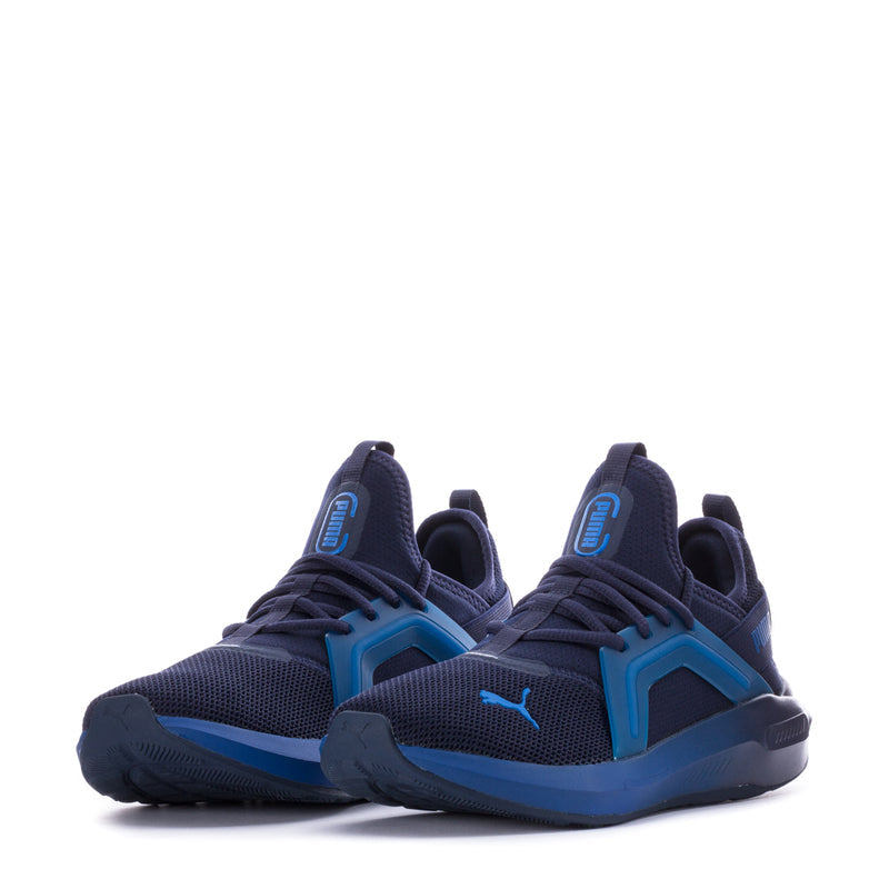 Youth sneakers, front/side angle in navy with blue Puma logo and laces
