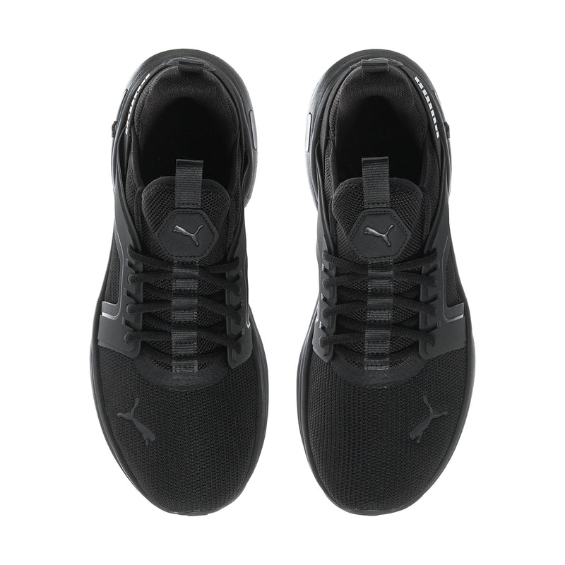 Men's black sneakers pair view with lace-up closure and padded tongue and collar