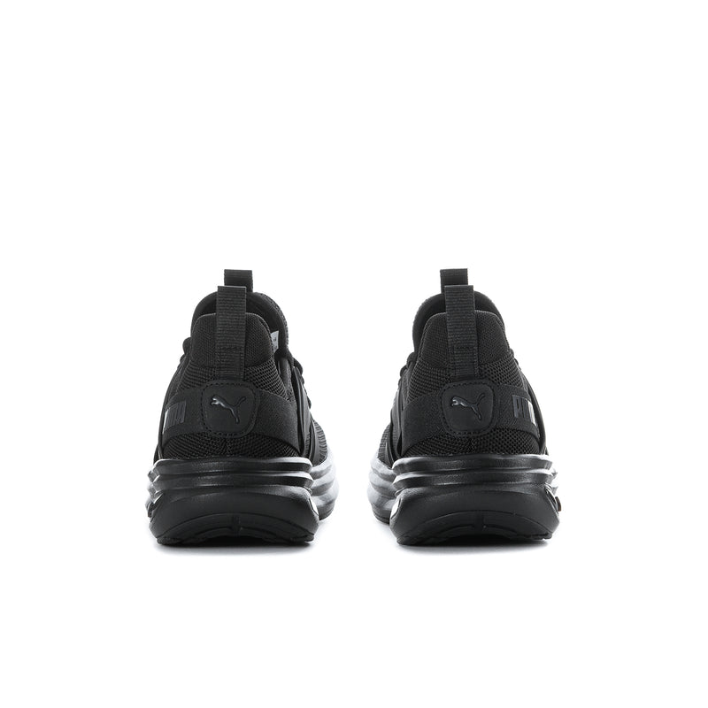 Men's black running sneaker showing heel tab, cushioned collar, and rear logo