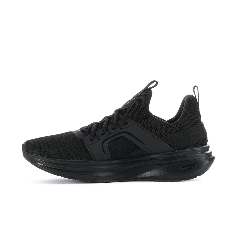 Men's black lace-up running sneaker with side strap detail and thick rubber sole