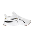 White low-top lace-up sneaker with black stripe and gold accent on chunky sole.