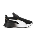 Black and white women's running sneakers with gold logo and white midsole