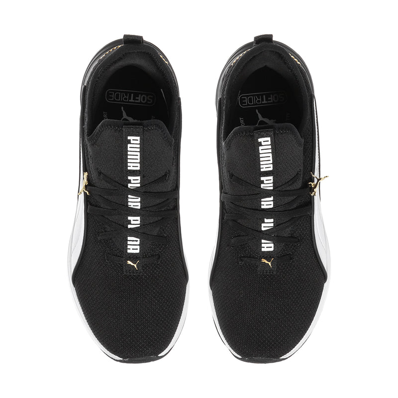 Black knit sneakers with PUMA branding on tongue, lace-up front and padded collar