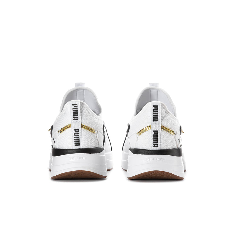 White sneaker heels with black back tab, gold stripe detail, and brown rubber sole.