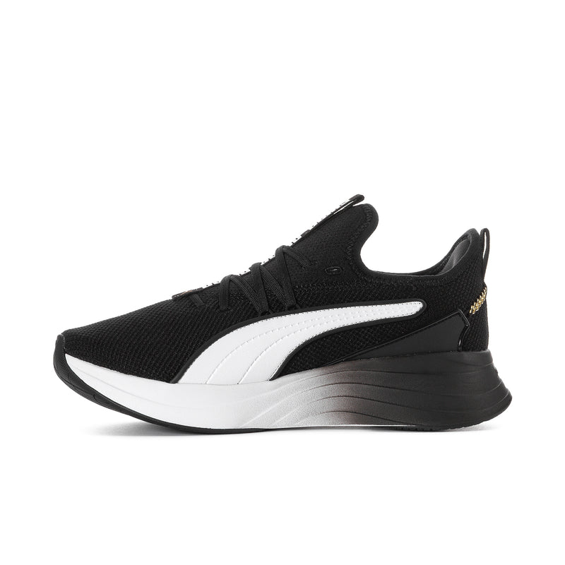 Black and white women's sneakers with white formstripe and gold logo on the side