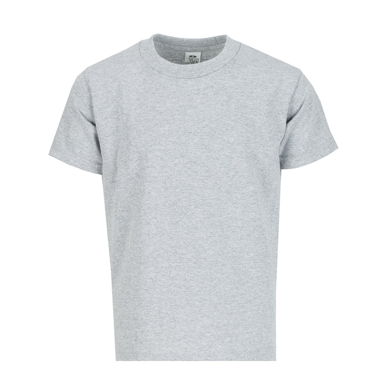 Youth crew-neck T-shirt in heather grey, short sleeves, front view